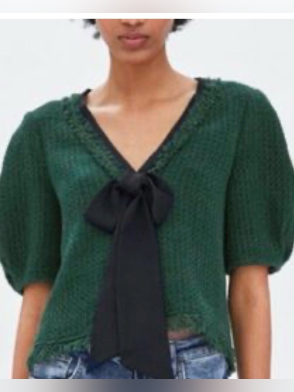 Zara V neck tweed puff sleeve Fringe short sleeve top green XS